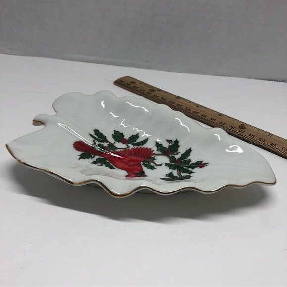 Lefton China Christmas Leaf Holly Cardinals Dish #1207 Hand Painted Gold Trim - Picture 11 of 11